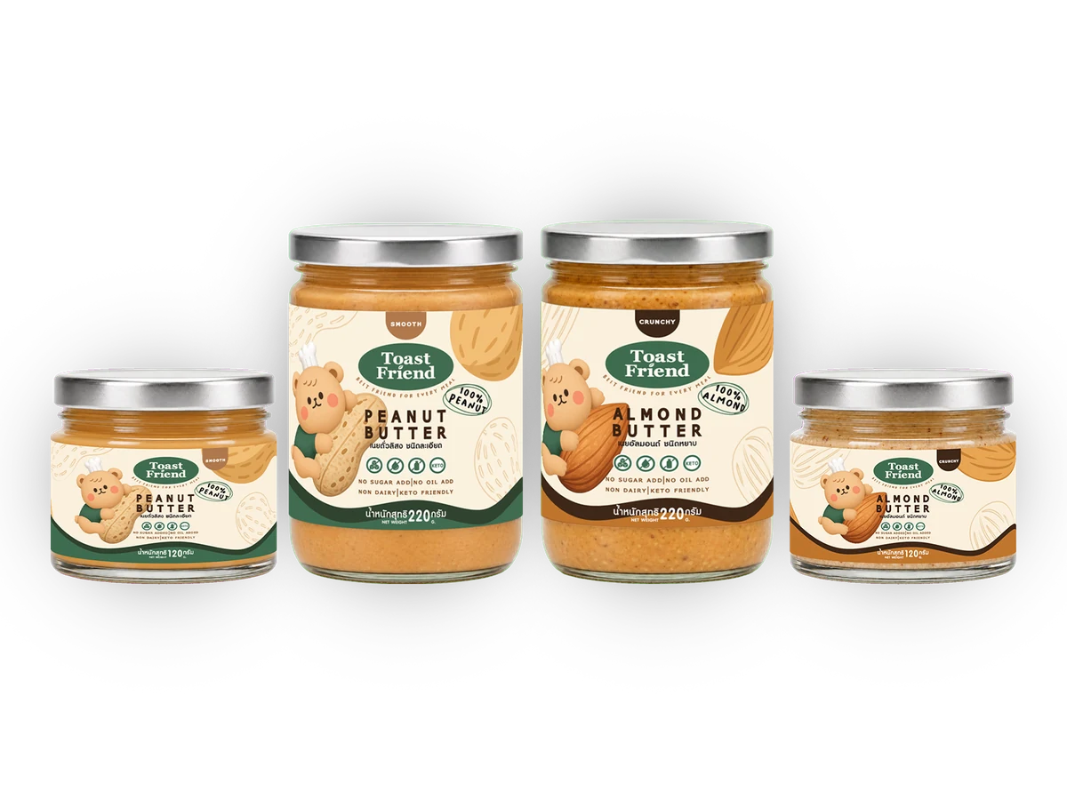 ตัวอย่างสินค้า Toast Friend เนยถั่วลิสงและเนยอัลมอนด์ ขนาด 120 และ 220 กรัม