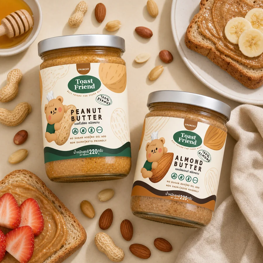 เนยถั่วลิสงและเนยอัลมอนด์ Toast Friend จัดวางคู่กับขนมปังปิ้งและผลไม้